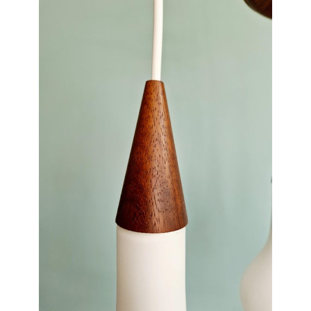 Scandinavian Chandelier in Teak and White Satin Glass, 1960s For Sale - Image 6 of 14