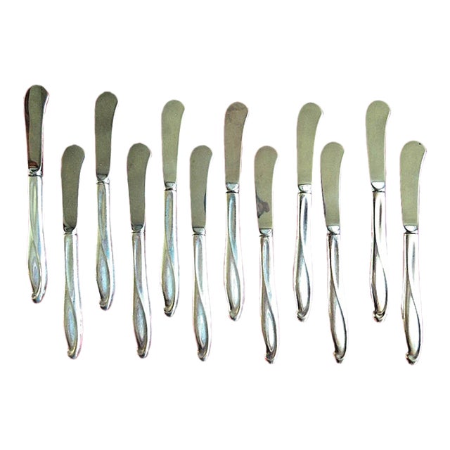 Late 20th Century Reed & Barton Silver Sculpture Sterling Silver Paddle Butter Spreaders- Set of 12 For Sale