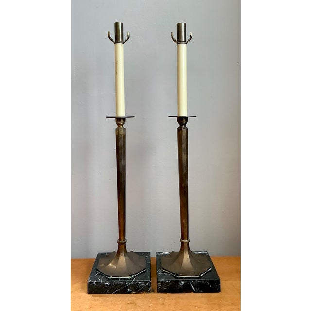 Vintage Chapman Brass and Marble Candlestick Lamps - A Pair For Sale - Image 15 of 18