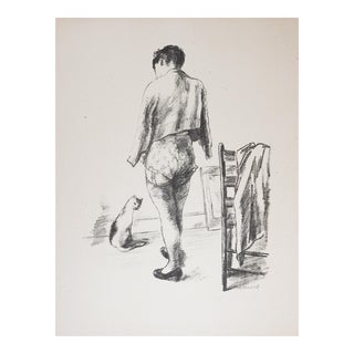 Vintage 1930s Woman in Stockings With Cat Lithograph For Sale
