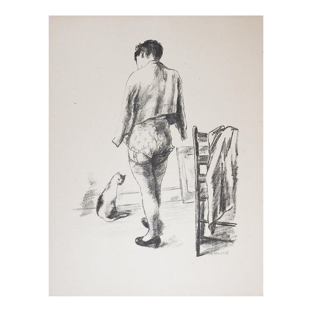 Vintage 1930s Woman in Stockings With Cat Lithograph For Sale