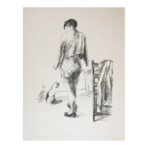 Vintage 1930s Woman in Stockings With Cat Lithograph