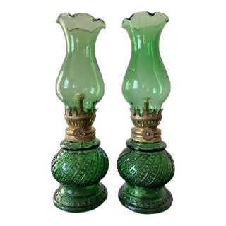 Asian Green Glass Table Oil Lamps, Set of 2 For Sale