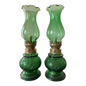 Asian Green Glass Table Oil Lamps, Set of 2