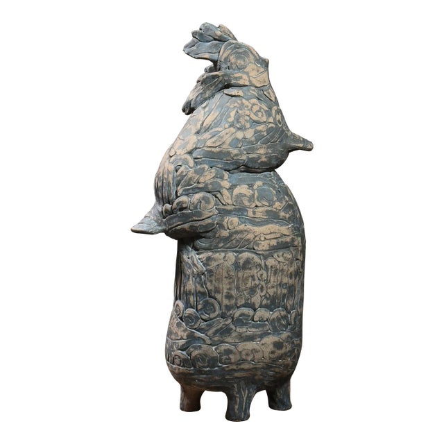 Vintage Abstract Folk Art Hand Built Duck Ceramic Vase For Sale