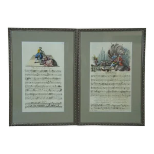 Antique 18th Century George Bickham Illustrated Sheet Music Stage Syren Loves Bacchanal, Framed - Set of 2