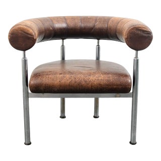 1960s Mid Century Danish Modern Lounge Chair Brown Leather Round Back Steel Cobra Seat For Sale