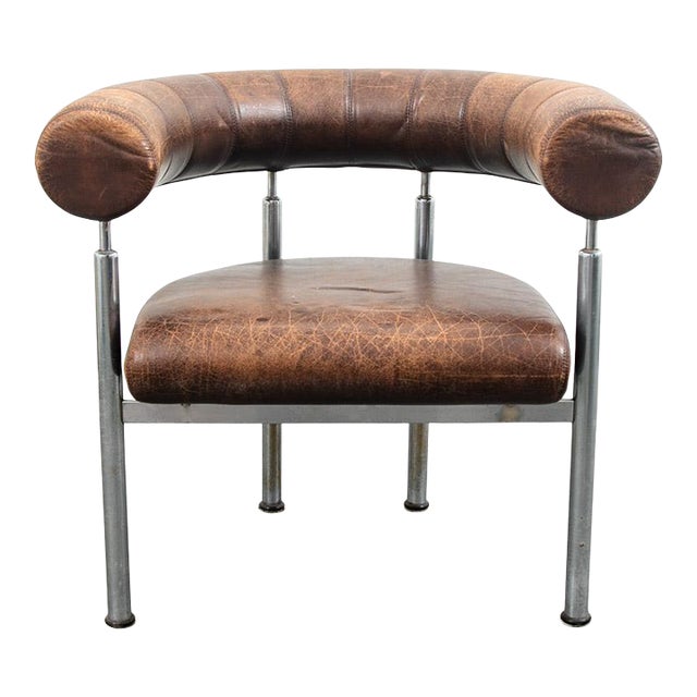 1960s Mid Century Danish Modern Lounge Chair Brown Leather Round Back Steel Cobra Seat For Sale