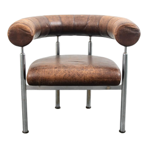 1960s Mid Century Danish Modern Lounge Chair Brown Leather Round Back Steel Cobra Seat