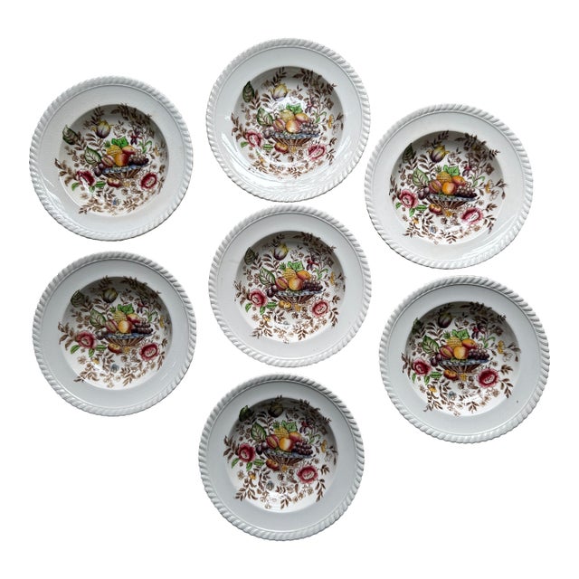 Vintage Pomona Windsor Ware 8” Soup Bowls | Johnson Bros England | c.1940–1950 | Set of 7 Hand-Colored Earthenware For Sale