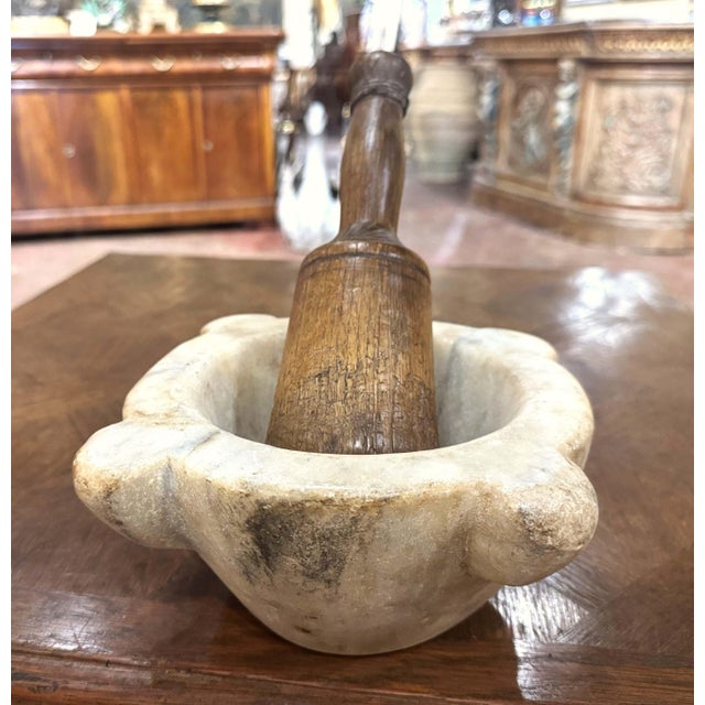 19th Century French Carved White Marble Mortar With Wood Pestle For Sale - Image 4 of 8