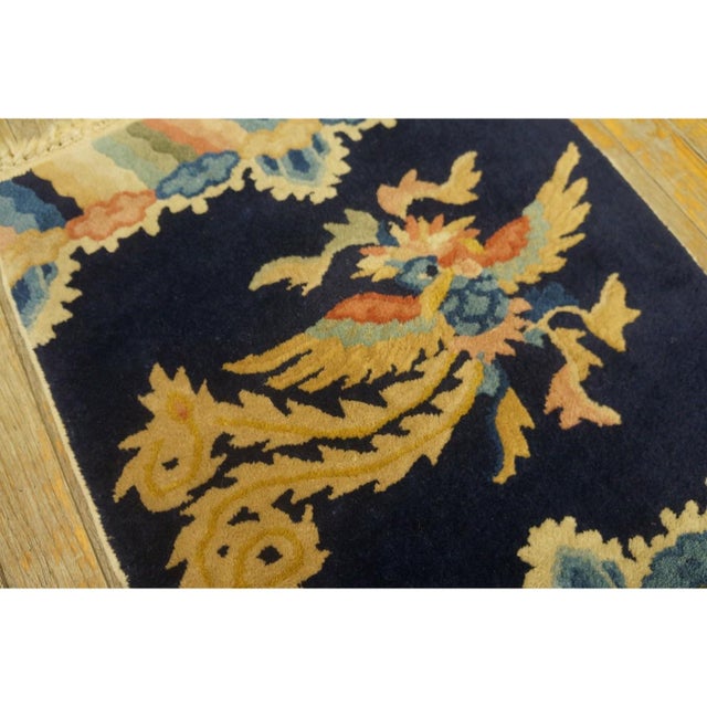 Antique Chinese - Peking Chinese Allover Geometric Blue 1920s Square Rug, Circa Date: 1920s. This exquisite square example...