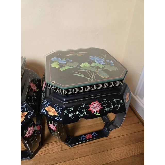 Pair of Vintage Chinese Black Lacquer Hand-Painted Stools or Side ...