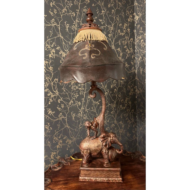 Hollywood Regency Hollywood Regency Maitland Smith Elephant & Monkey Figural Lamp With Faux Tooled Leather Shade For Sale - Image 3 of 10