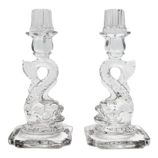 Cambridge Dolphin Fish Clear Glass Candlesticks For Sale