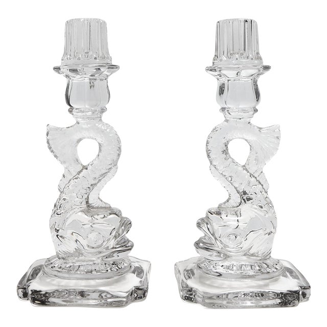 Cambridge Dolphin Fish Clear Glass Candlesticks For Sale