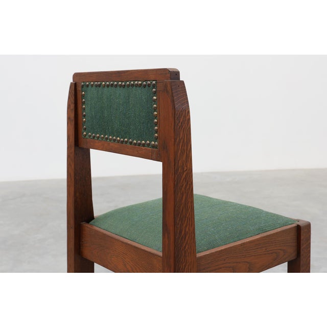 Belgian Art Deco Modernist Oak Side Chair with Green Upholstery, 1920s For Sale - Image 9 of 14