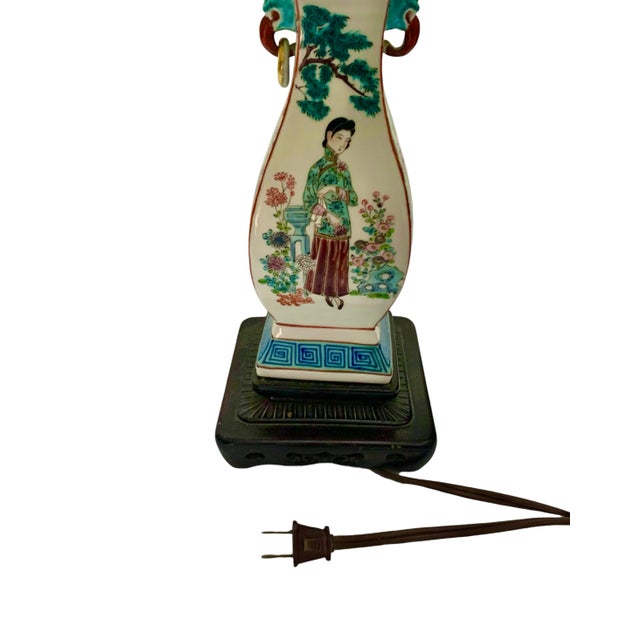 Wood Late 20th Century Oriental Lamp Chinese Hand Painted on Wood Base Vintage Asian Lighting Decor For Sale - Image 7 of 7