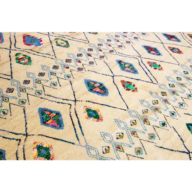 Modern Moroccan Style Handmade Beige Wool Rug With Tribal Design For Sale - Image 10 of 11