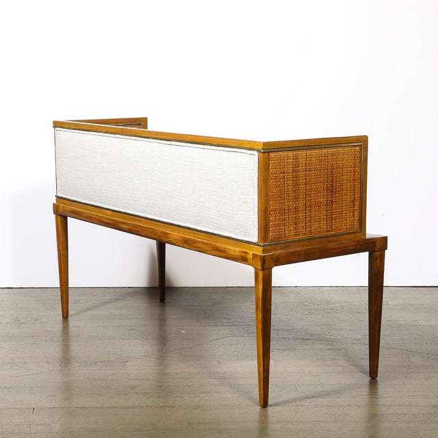 Mid-Century Brass Lined Walnut Settee W/ Cane Detailing & Holly Hunt Upholstery For Sale - Image 12 of 18