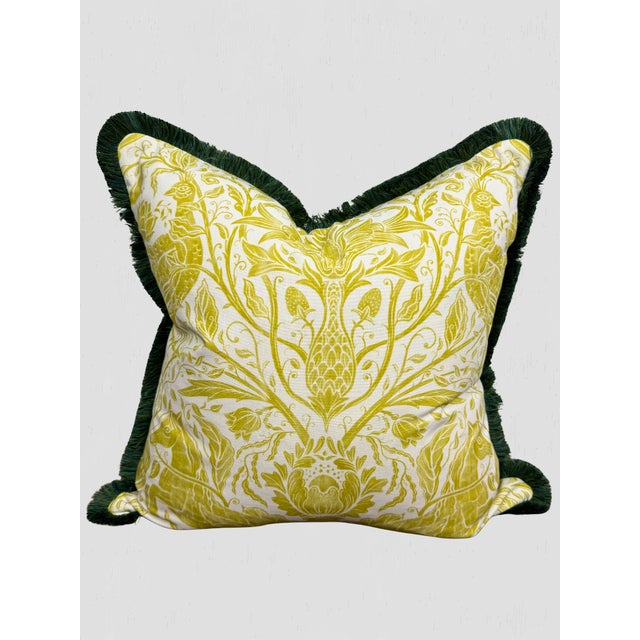 Traditional Clark & Clark Citrus and Green Brush Fringe Custom Made Pillow Pair For Sale - Image 3 of 9