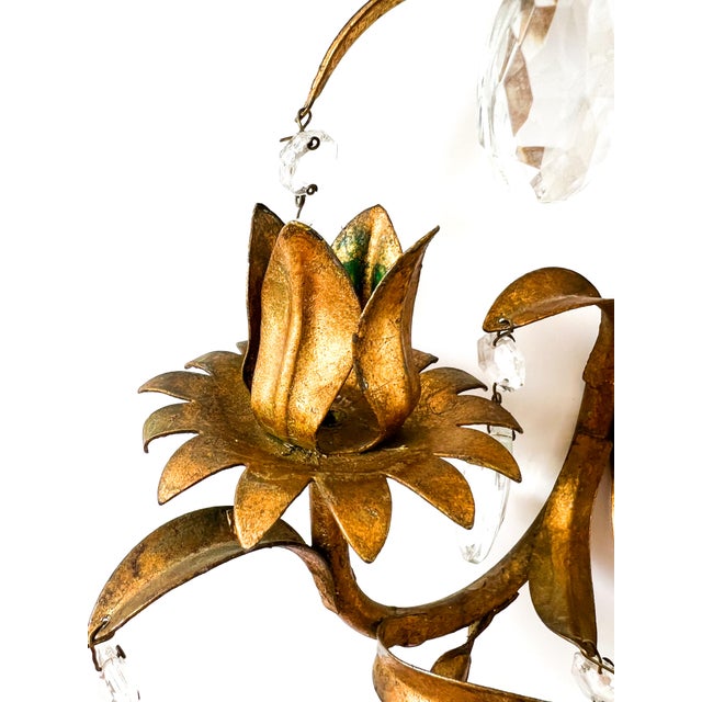 Mid 20th Century Pair of Vintage Italian Gold Gilt Tole Wall Sconces With Crystal Prisms – Hollywood Regency / Florentine For Sale - Image 5 of 9