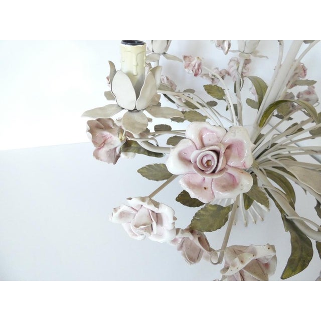 Green Vintage French Tole Chandelier with Porcelain Roses For Sale - Image 8 of 10