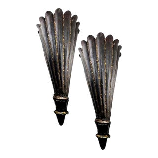 Large Vintage Rusty Metal Fluted Torchiere Wall Pocket Bracket Sconces - A Pair For Sale