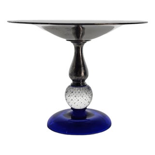 Pairpoint Epns Cobalt Art Glass Tazza With Controlled Bubble Knop For Sale
