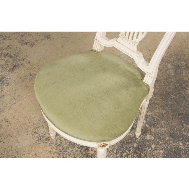 Pair of French Louis XVI Neoclassical Style Painted Lyre Back Accent Chairs in Laurel Green Velvet For Sale - Image 17 of 18