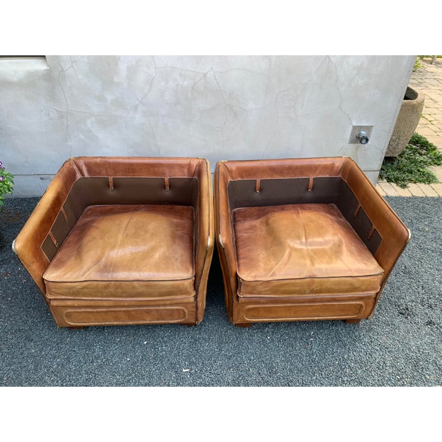 Pair Large-Scale French 1970s Cognac Saddle Leather Armchairs For Sale - Image 18 of 18