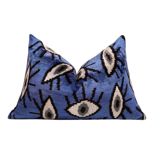 Handmade Blue Ikat Velvet Lumbar Pillow 16x24 | Sapphire & Black Abstract For Sale