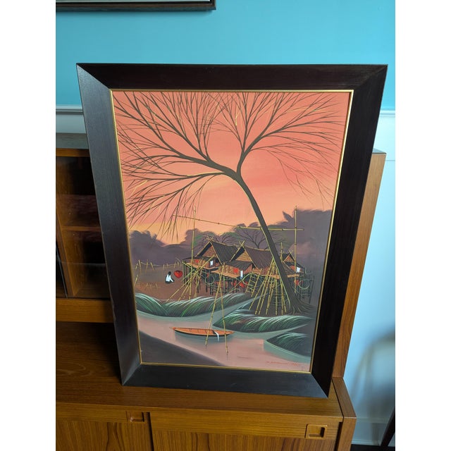 1967 Original Oil on Canvas Painting by Thai Modernist Sanong Sriboon Framed For Sale - Image 11 of 14