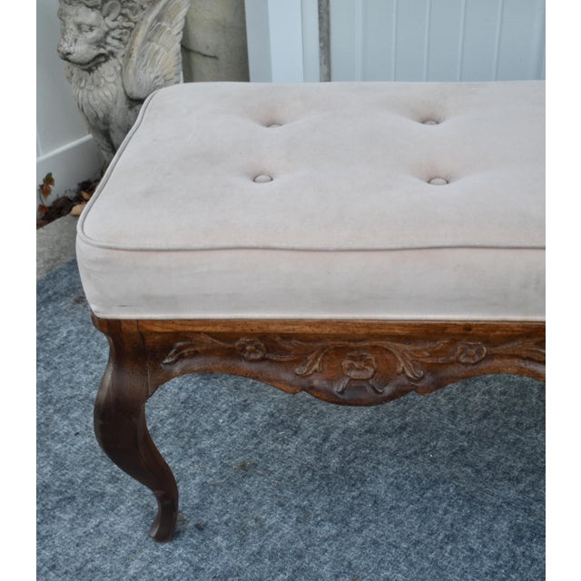 Cream French Country Window Bench Vintage Tufted Upholstered Carved End Stool For Sale - Image 8 of 15