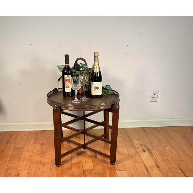 Vintage Wood Folding Tray Table Removable Serving Tray Brass Gallery For Sale - Image 11 of 12
