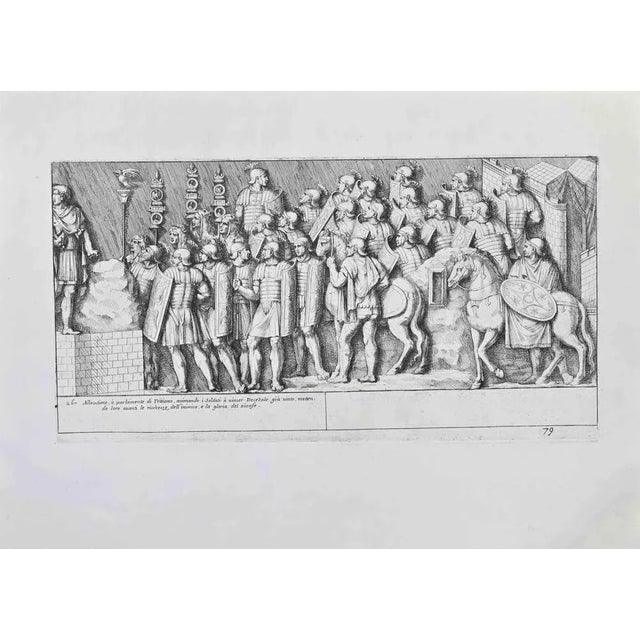 Emperor Trajan addressing the Roman soldiers is an artwork realized by Pietro Santi Bartoli (1635-1700) in 1672. Etching....