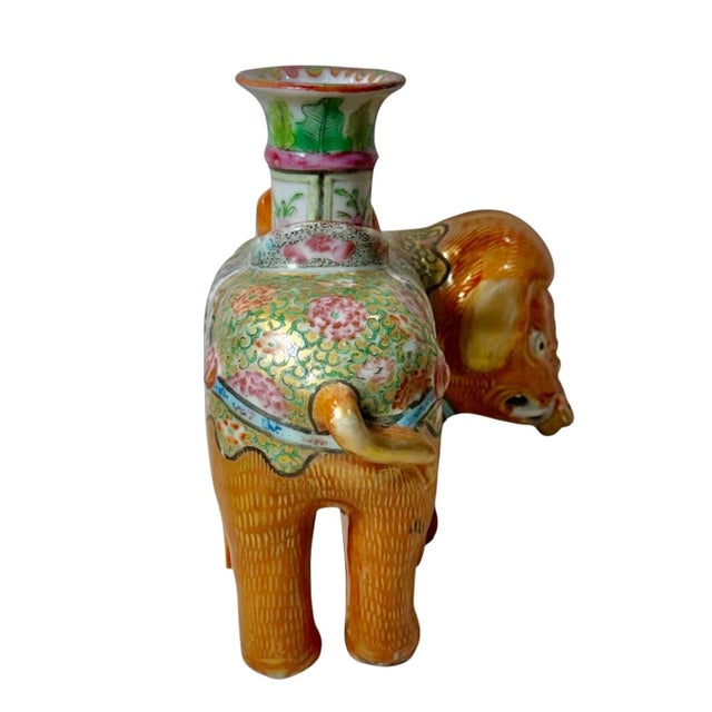 19th Century Chinese Export Rose Mandarin Porcelain Elephant Candlesticks - A Pair For Sale - Image 4 of 12