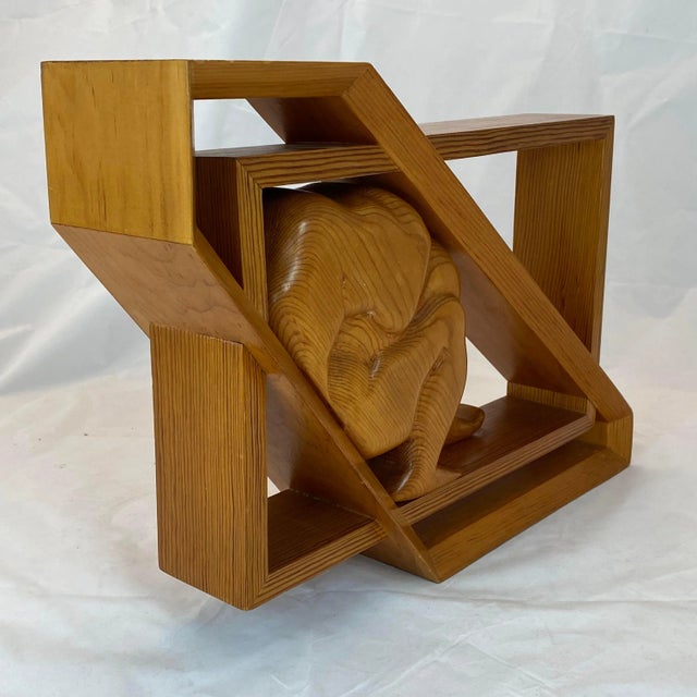 Mid-Century Modern Mid-Century Figural Carved Wood Geometric Sculpture Confined Man in Box For Sale - Image 3 of 13