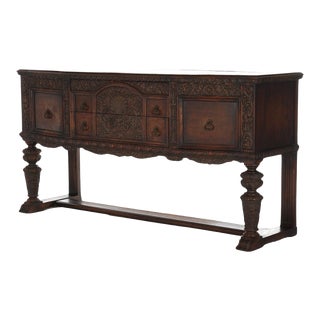 Antique Jacobean Foliate Carved Oak & Walnut Sideboard C1900 For Sale