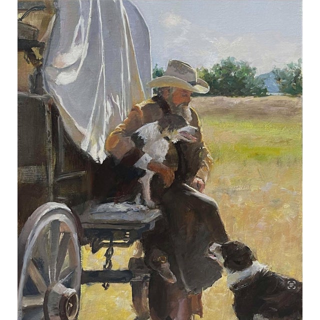 In "Trails End," a solitary figure sits on a wagon, cradling a dog while two others approach, creating a sense of...