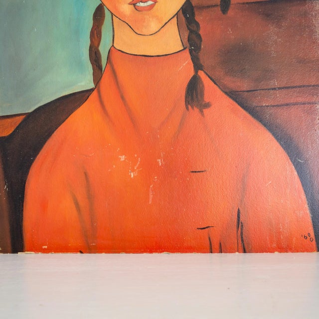 Mid 20th Century Expressionist Portrait Painting 'Girl With Pigtails' After Modigliani For Sale - Image 5 of 8