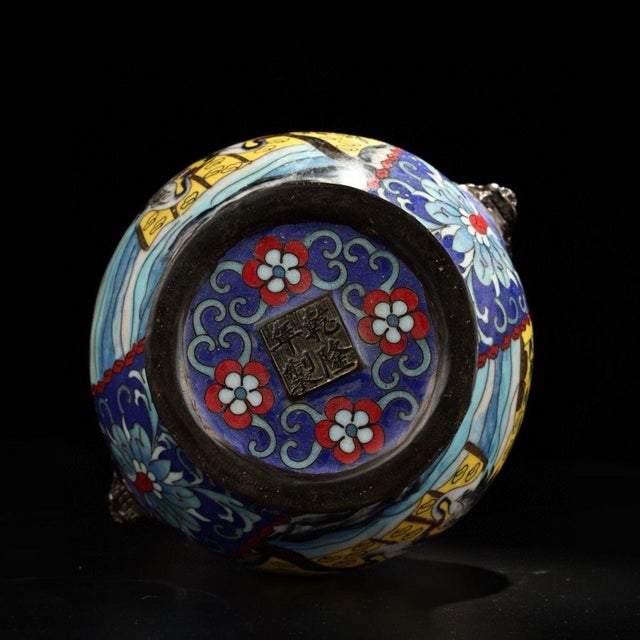 Yellow Pair of Chinese Cloisonné "Crane & Willow" Vases With Beast Handles - 15.8 LBS For Sale - Image 8 of 9