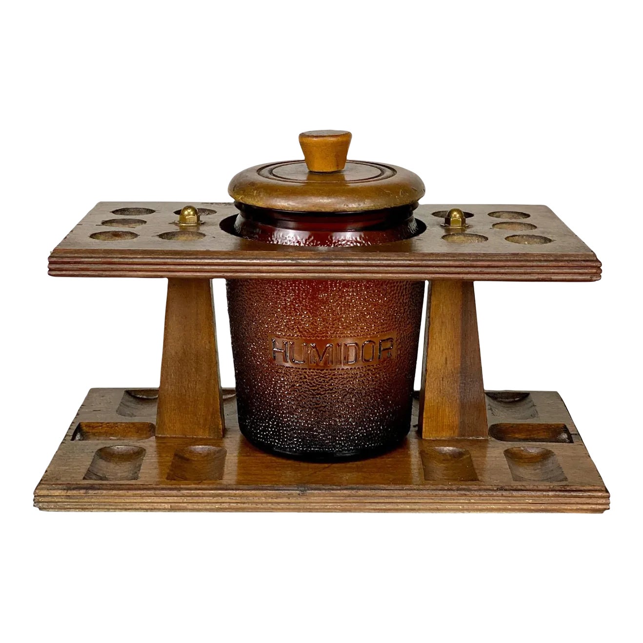 Vintage Traditional Walnut Estate Pipe Display Stand W/ Amber Glass