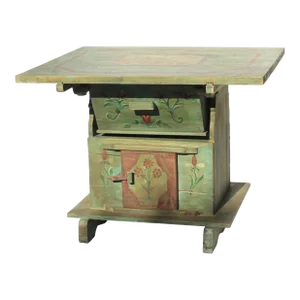 Hand Painted Scandinavian Green Antique Bread Making Table With Drawers and Cabinet