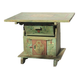 Handpainted Green Antique Bread Making Table With Drawers and Cabinet For Sale