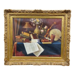 Late 20th Century Ease Still Life Oil Painting After William Michael Harnett Music Instrument's For Sale