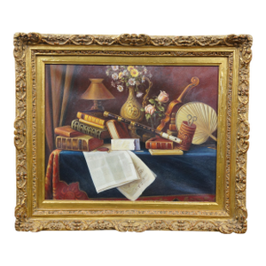 Late 20th Century Ease Still Life Oil Painting After William Michael Harnett Music Instrument's