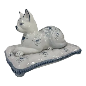 Vintage Italian Ceramic Blue and White Cat Figurine on Pillow