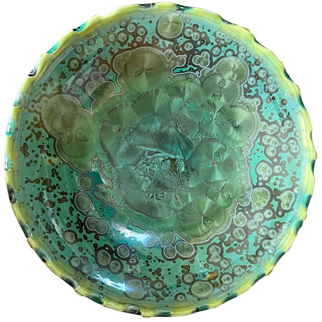 Contemporary Kyle Kreigh Signed Crystalline Glaze Art Porcelain Pottery Bowl With Sculptural Beaded Rim For Sale - Image 3 of 11