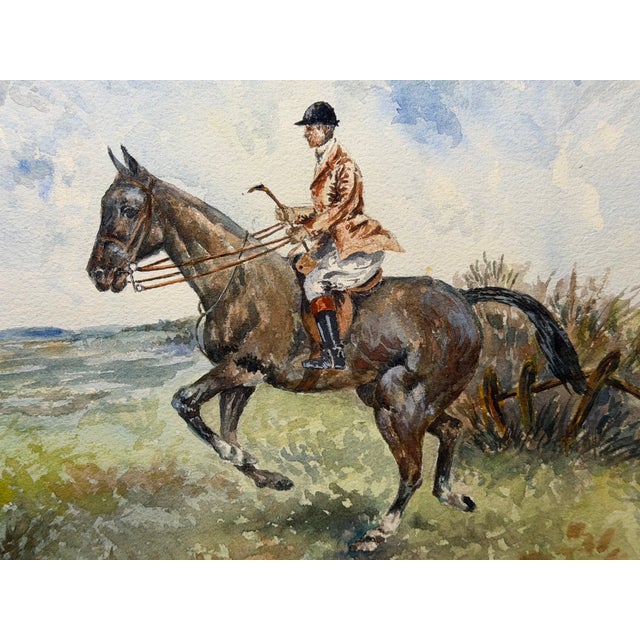 Olive British Sporting School, Circa 1990 – The Huntsman on a Bay Hunter – Equestrian Watercolor Gilt Framed & Mounted For Sale - Image 8 of 11